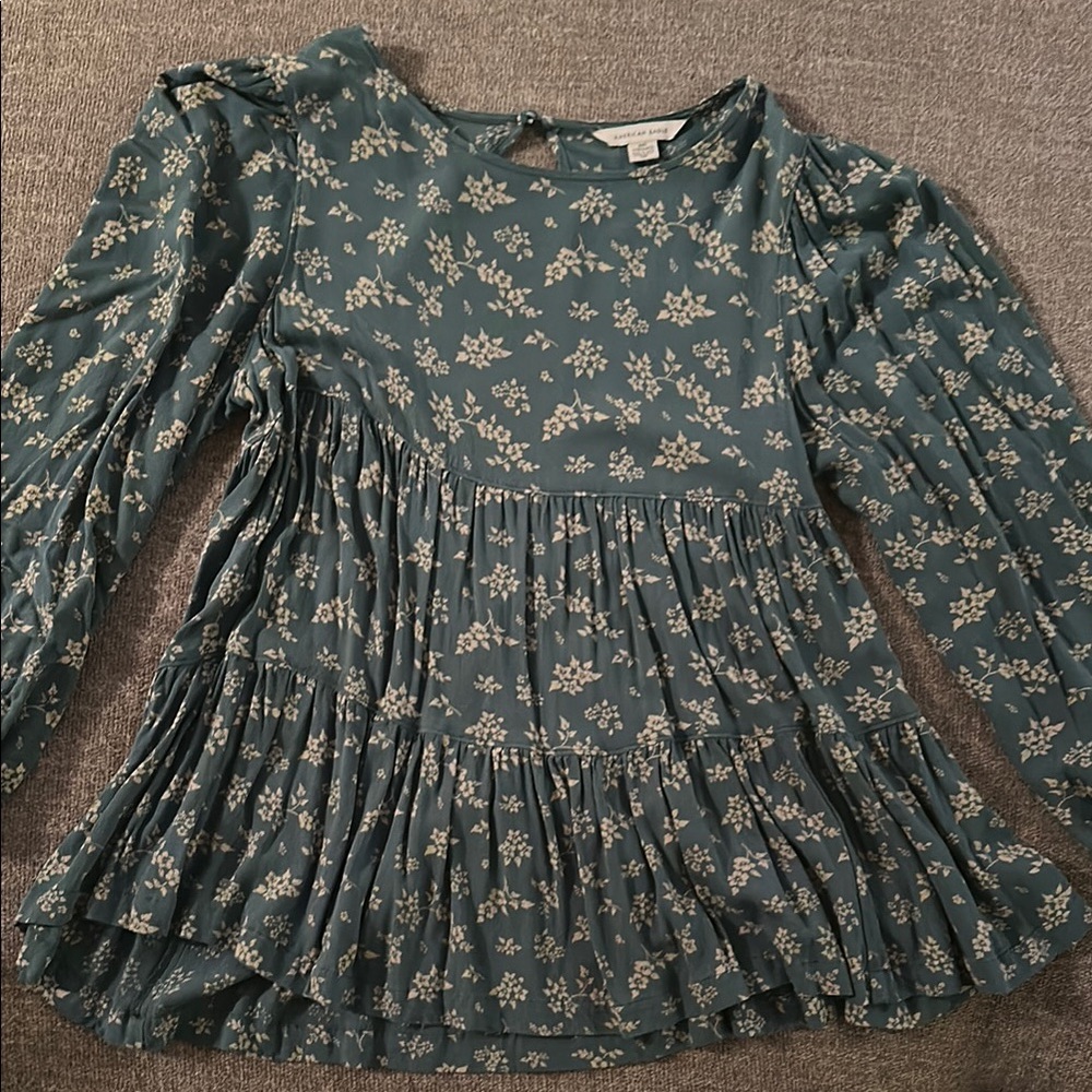 American Eagle Outfitters Blue Pleated Long Sleeve Blouse
